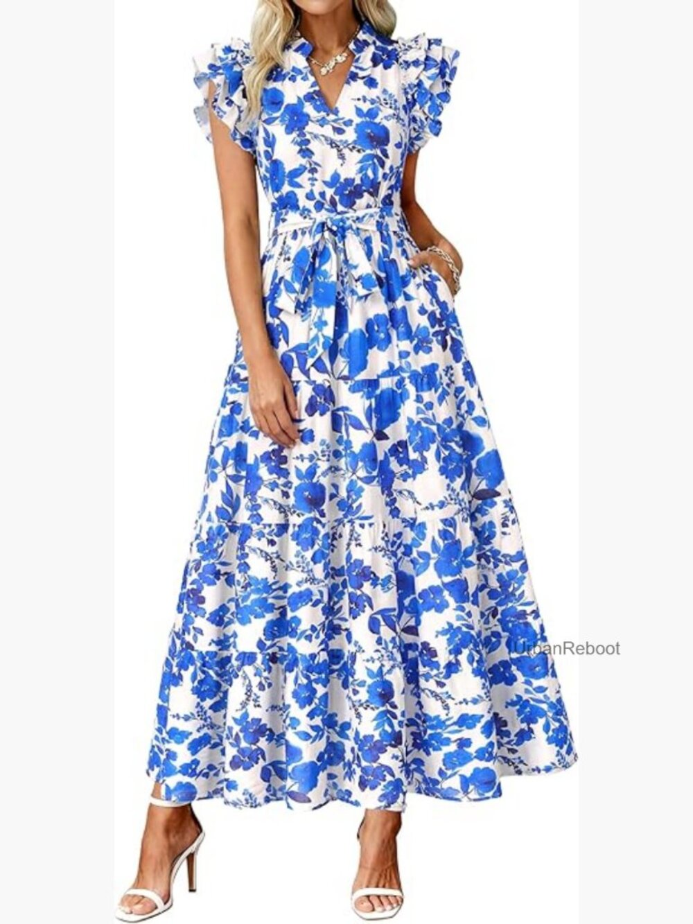 Maxi Dress with Pockets, Ruffle Sleeve, V Neck, Tiered - Picture 1 of 7
